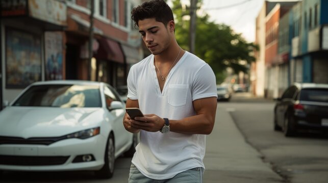 Fototapeta Young hispanic man using smartphone leaning on car at street