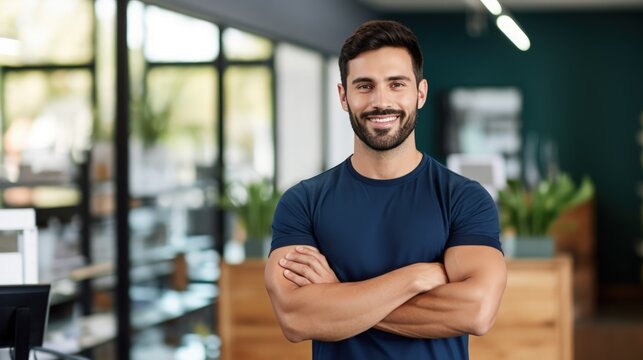 Young Hispanic Man Wearing Physiotherapist Uniform Standing At Rehab Clinic