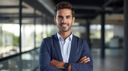 Fototapeta premium Young hispanic businessman smiling happy standing with arms crossed gesture at the office.