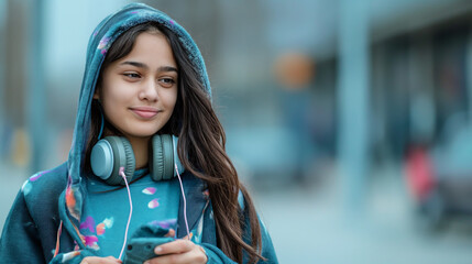 Modern Indian teens immersed in music, on headphones, standing against a grey background