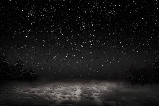 Beautiful bright stars with milky way in winter night. Black and white image , snowing in cold winter real snow falls on black background,Stars, fresh sky with star ,mockup , show product