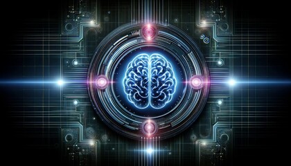 Fototapeta premium futuristic artificial intelligence interface with a prominent, glowing brain symbol at the center