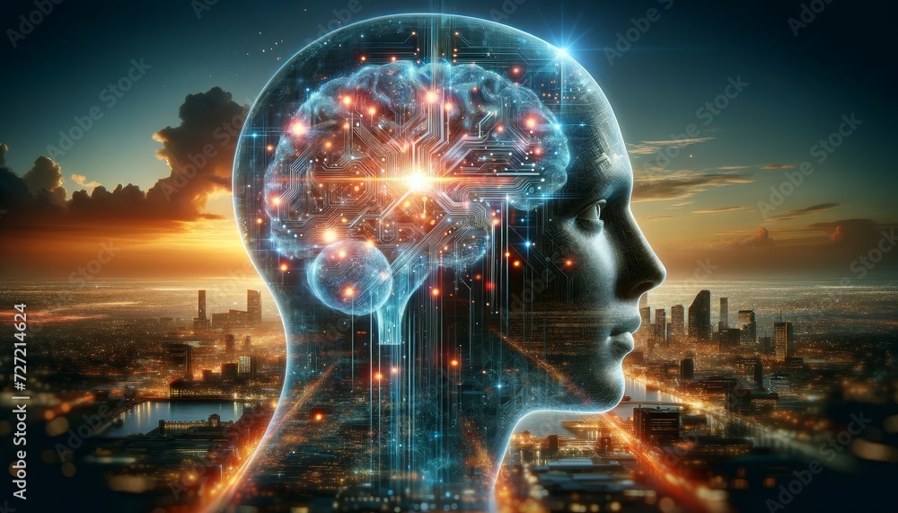 Poster the silhouette of a human face is seen from the side with glowing blue futuristic circuits and eleme