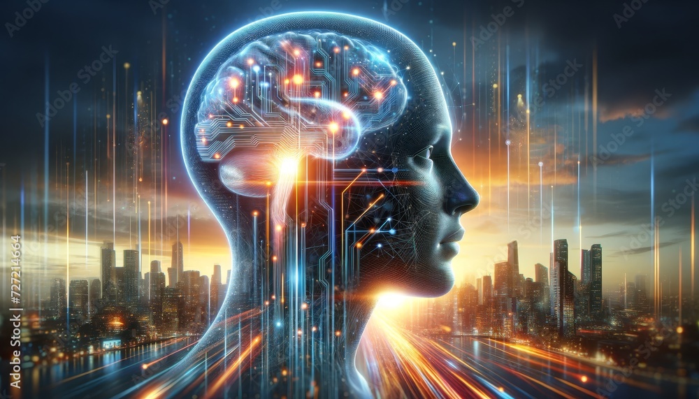Poster the silhouette of a human face is seen from the side with glowing blue futuristic circuits and eleme