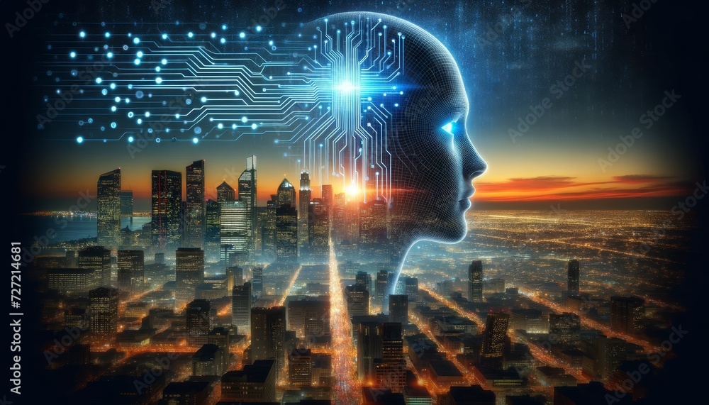 Poster the silhouette of a human face is seen from the side with glowing blue futuristic circuits and eleme