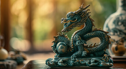 Ancient artwork of chinese dragon in green statue on a table with dark navy and light gold color