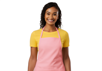black woman wearing a pink apron on a transparent background png isolated
