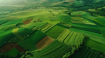 Fototapeta premium Aerial View of a Lush Green Field With Rolling Hills, Earth Day