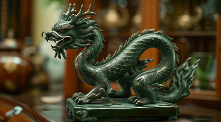 Ancient artwork of chinese dragon in green statue on a table with dark navy and light gold color