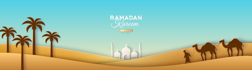 Ramadan Kareem vector illustration, desert scenery, bright sky with camel caravan, dates tree and caravan. Mosque concept banner, poster or header for Hajj. Yellow Sahara sand,