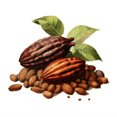 cocoa beans and leaves  on a transparent background png isolated