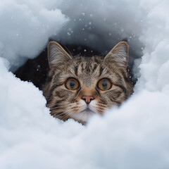 A kitten hidden in the snow