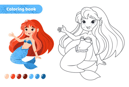 Coloring book for kids. Worksheet for drawing with cartoon mermaid. Cute magical creature. Coloring page with color palette for children. Vector illustration on white background. 