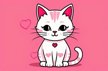Obraz premium White cat sitting. Head face silhouette icon. Kitten with blue eyes. Cute cartoon funny baby character. Funny kawaii animal. Pet collection. Sticker print. Flat design. Pink background