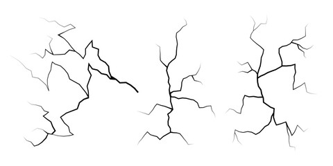 Set of cracks. Collection of different black lightning bolts. Earth crack. Set thunderstorm and lightning. Vector illustration of natural phenomena on white background. Vector illustration