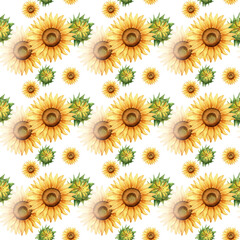 Floral seamless pattern with sunflowers and green leaves.