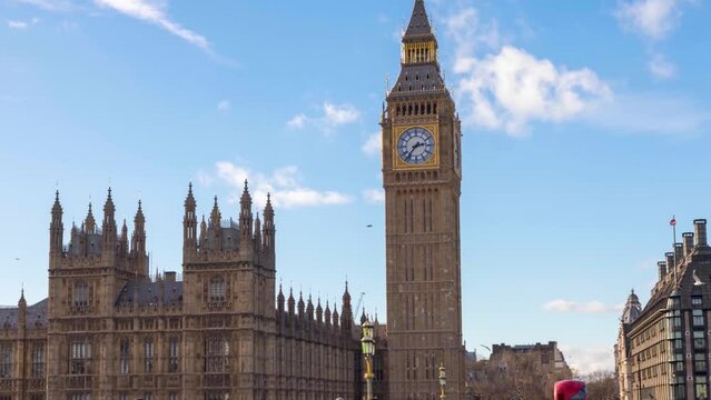 Hyper lapse view of the Westminster Bridge and until the Big Ben clocktower in London, England, on a sunny day