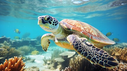 Obraz premium Green sea turtle swimming underwater on coral reef. Sea tortoise in the ocean.