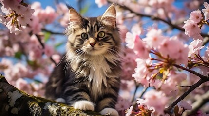 Cute siberian kitten sitting on a tree branch with pink flowers