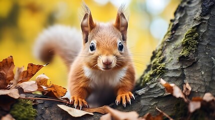 Cute red squirrel with blue eyes sits on a tree in the autumn forest.