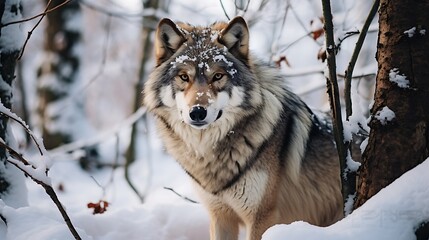 Obraz premium Portrait of a gray wolf in the winter forest. Animal in nature.