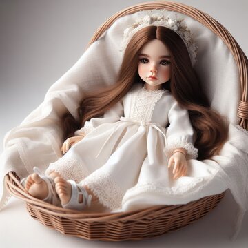 A beautiful doll with long hair on a chair