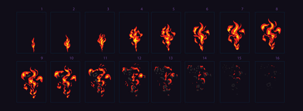 Fire explosion animation. Fire animation sprites sheet, torch, campfire, fire trap, fire pillar vector flame video frames for game design
