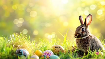 Fototapeta na wymiar Rabbit Sitting in the Grass Near Eggs