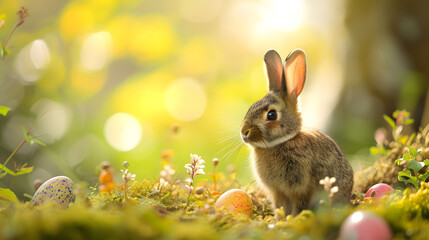 Fototapeta na wymiar Rabbit Sitting in the Grass Near Eggs