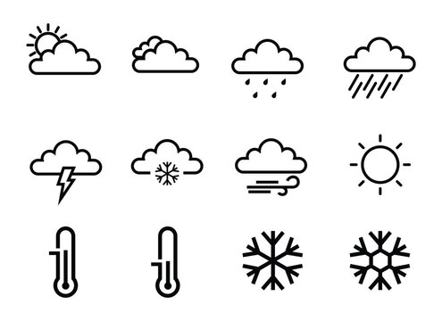 icon set weather, cloudy, drizzle, rain, snow, bright sun, outline design, black and white, and 3d. eps 10.