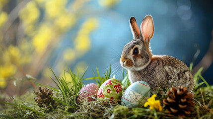 Fototapeta na wymiar Rabbit Sitting in Grass Next to Eggs
