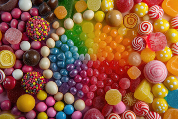 Fototapeta na wymiar An overhead view of a mesmerizing mosaic of colorful candies, creating a vibrant backdrop