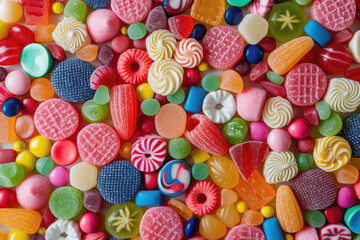 Fototapeta na wymiar An overhead view of a mesmerizing mosaic of colorful candies, creating a vibrant backdrop
