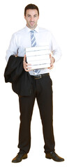 Smart businessman in suit and white shirt and holding document books