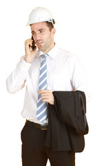 Handsome and smart engineer in suit and white shirt and Wearing a white safety engineer hat is talking with smartphone