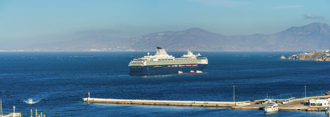 Cruise Ship at the southern Aegean Sea near coast of Mykonos island. Greece