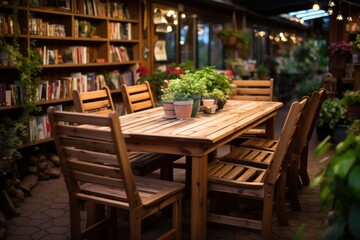Fototapeta na wymiar Wooden outdoor furniture in a cozy greenhouse bookstore with plants