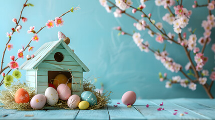 Birdhouse With Eggs and Flowers on a Table