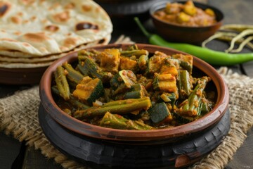 Spicy Indian curry with bhindi  mixed veg  and roti. - obrazy, fototapety, plakaty