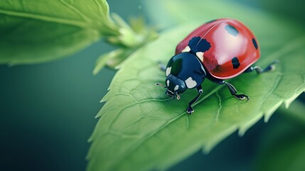 Fototapeta premium Ladybug Resting on a Green Leaf, Spring