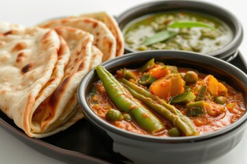 Spicy Indian curry with bhindi  mixed veg  and roti.