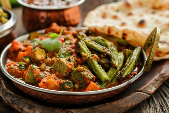 Spicy Indian curry with bhindi  mixed veg  and roti.