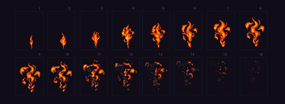 Fire explosion animation Sprites sheet of fire, torch, campfire, fire trap, fire pillar vector flame video frames for game design