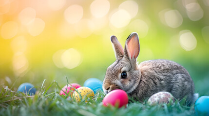 Fototapeta na wymiar Rabbit Sitting in Grass With Colored Eggs