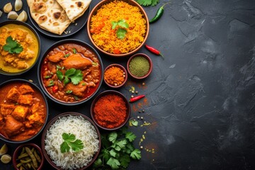 Indian cuisine in ceramic bowls on black stone table