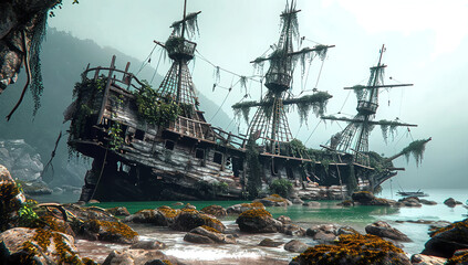 A wrecked pirate ship in the sea is sitting on rocks