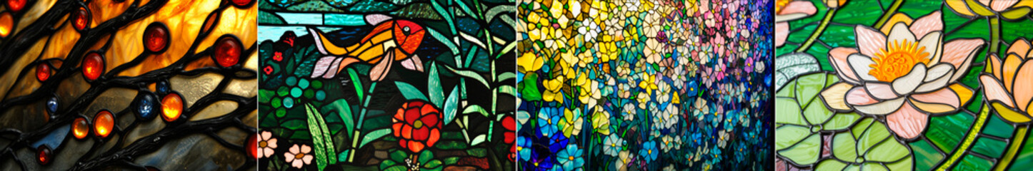 Fototapeta premium Spectacular stained glass windows with matte lighting create a mesmerizing effect. Unique sea colors and vibrant floral textures bring the characters to life. Macro tones add depth