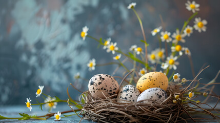 Fototapeta premium Nest With Three Eggs and Daisies on Table