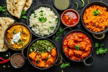 Indian cuisine  Curry  butter chicken  rice  lentils  paneer  samosa  spices. - obrazy, fototapety, plakaty
