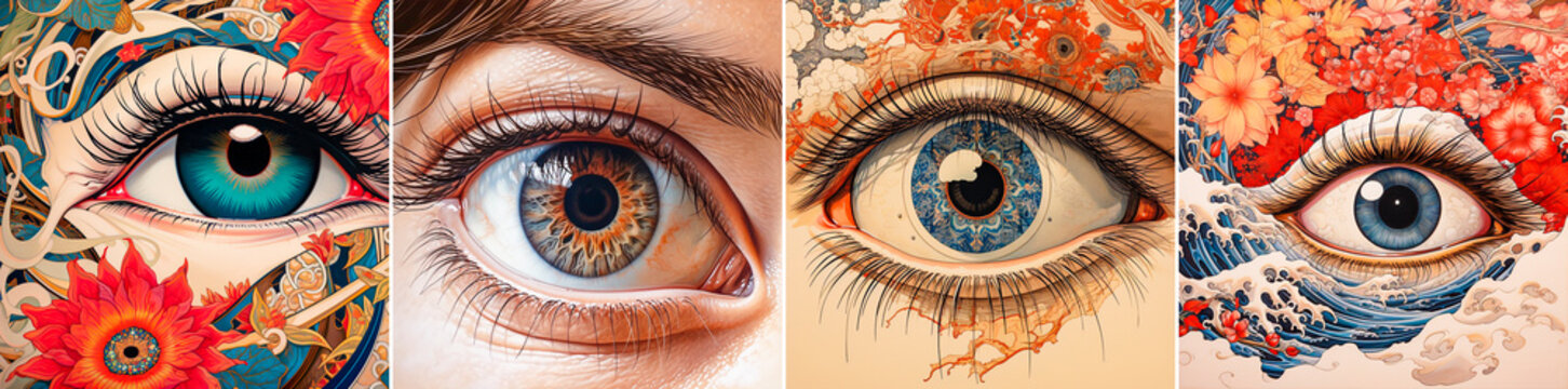 Enhances eye depth and texture using subtle techniques. Combines realistic anatomy with artistic elements. Uses surreal color gradients and stylized reflections to create a unique look.